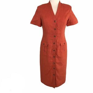 Plaza South Sheath Linen Dress Midi Career Button Front Lined V Neck Sz 8 Orange